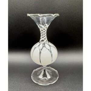Vintage BIMINI Werkstatte WHITE Art Glass Swirl Lines‎ & Oval Shapes 6" BUD VASE